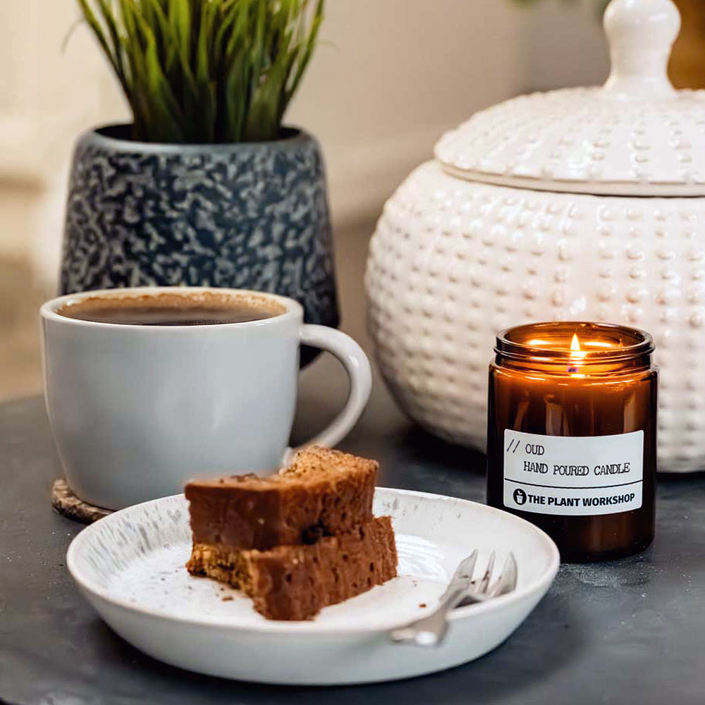 Scented candle and reed diffuser from The Plant Workshop styled together at home