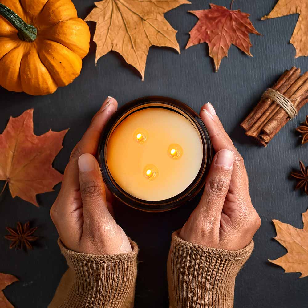 Hands holding a Pumpkin Spice lit candle by The Plant Workshop surrounded by autumn decorations and golden leaves. Warming nutmeg, sweet pumpkin, rich brown sugar & smooth butter.