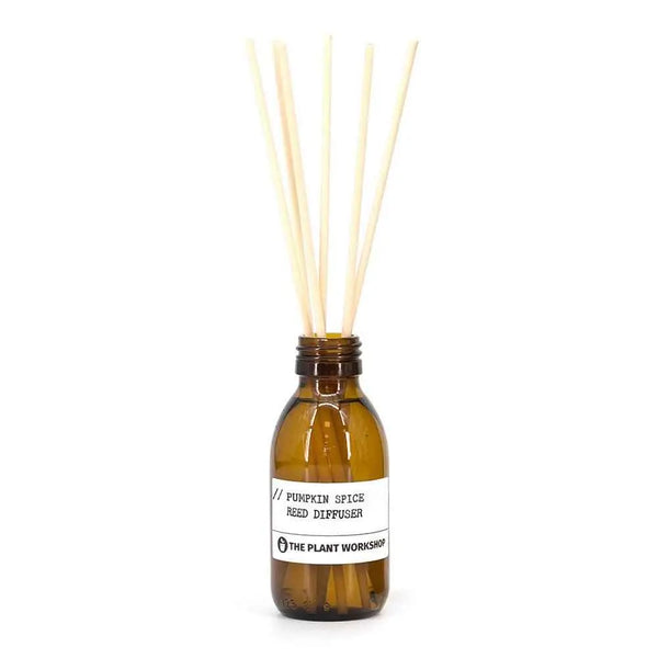 Pumpkin Spice Reed Diffuser in amber glass bottle with fibre reeds