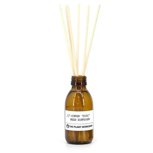 Winter Reed Diffuser in amber glass bottle with fibre reeds